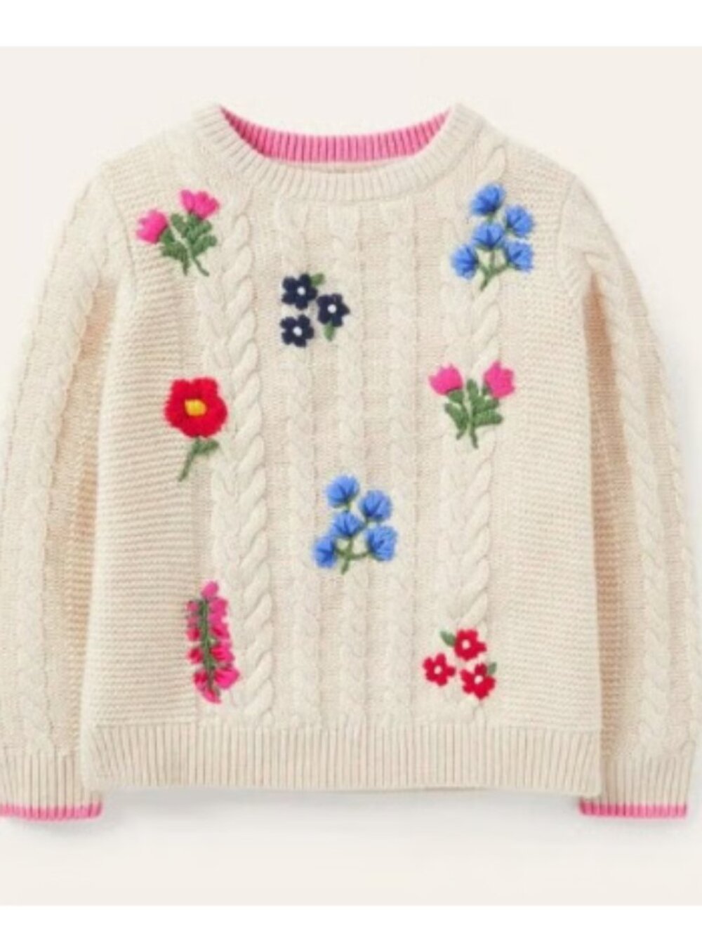 Mini Boden Harriet Jumper Sweater Embroidered Floral Cable Knit Girl's Size 5-6
